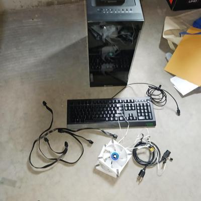 PC TOWER, KEYBOARD, FANS AND CORDS