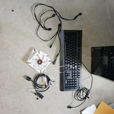 PC TOWER, KEYBOARD, FANS AND CORDS