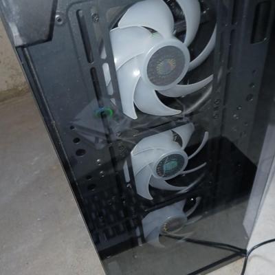 PC TOWER, KEYBOARD, FANS AND CORDS