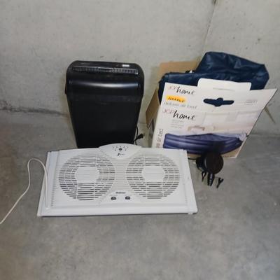 WINDOW FAN, PAPER SHREDDER AND DELUXE AIR MATTRESS