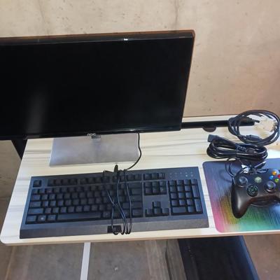 ANTEC TOWER, SMALL TABLE, KEYBOARD, XBOX CONTROL, MONITOR