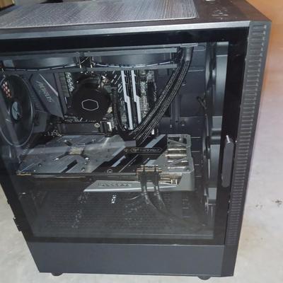 ANTEC TOWER, SMALL TABLE, KEYBOARD, XBOX CONTROL, MONITOR