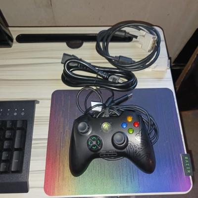 ANTEC TOWER, SMALL TABLE, KEYBOARD, XBOX CONTROL, MONITOR