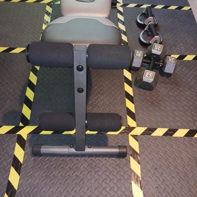 GOLD'S GYM XR 5.9 WEIGHT BENCH, 2 - 25 LB WEIGHTS AND PUSH UP GEAR PLUS FOAM MATS