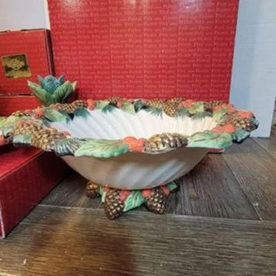 Fitz & Floyd Classic Holiday Pine 4 Piece Set Large Bowl, Plate & 2 Candlesticks