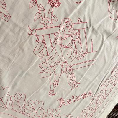 c. 1895 Antique Embroidered Coverlet “4 Seasons” w Shams & Appraisal
