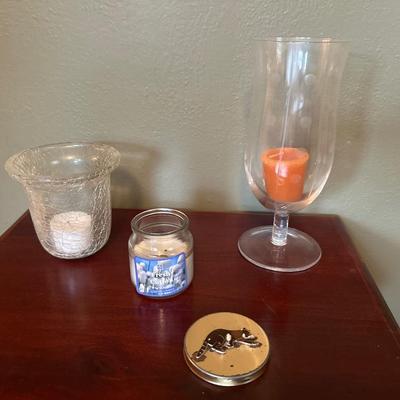 Side table and candle holders tiny raccoon wall hanging