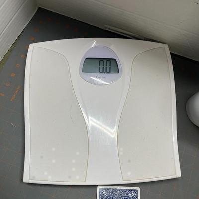 Shower Curtain, Bathroom Scale and Toilet Brush