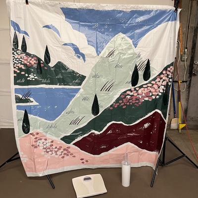 Shower Curtain, Bathroom Scale and Toilet Brush
