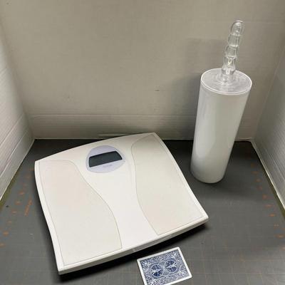 Shower Curtain, Bathroom Scale and Toilet Brush