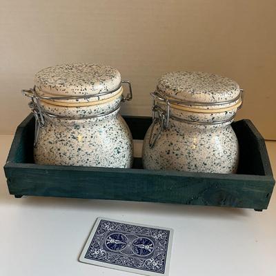  Wood Storage Box & 2 Set Vintage Jars
