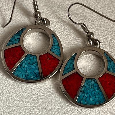 Silver-Turquoise & Coral Dangle Earrings