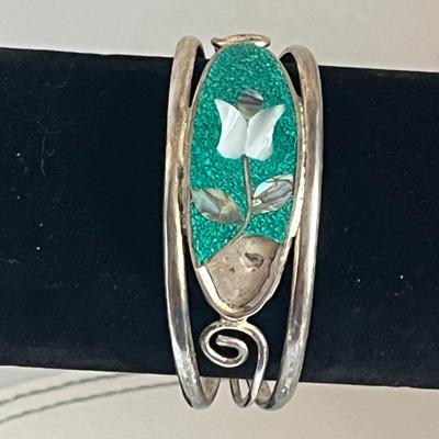 Lia Sophia Green Enamel Necklace With Pearl Silver Cuff Bracelet