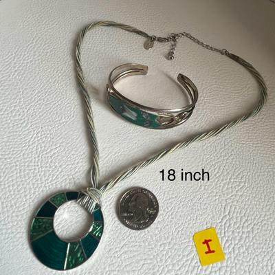 Lia Sophia Green Enamel Necklace With Pearl Silver Cuff Bracelet