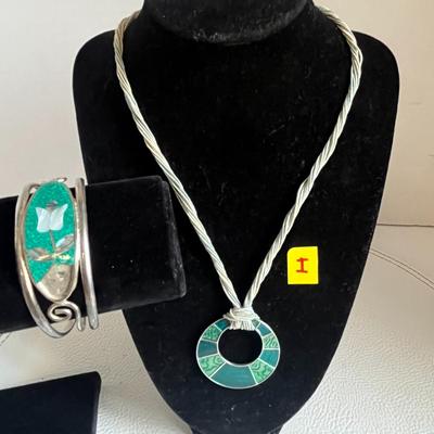 Lia Sophia Green Enamel Necklace With Pearl Silver Cuff Bracelet