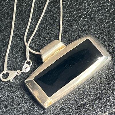 Black Enamel Silver Pendant On Silver Chain Necklace