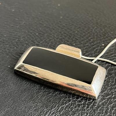 Black Enamel Silver Pendant On Silver Chain Necklace