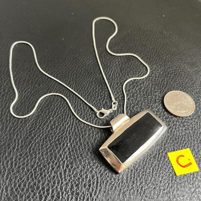 Black Enamel Silver Pendant On Silver Chain Necklace