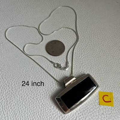 Black Enamel Silver Pendant On Silver Chain Necklace