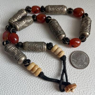 Red Coral & Bali Sterling Silver Beads Necklace With Earrings