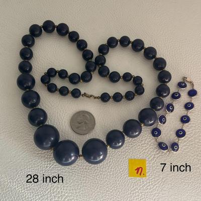 Chunky Blue-Black Bead Necklace & Blue Evil Eye Bracelet