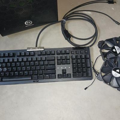 THERMALTTAKE TOWER, KEYBOARD, PC CORDS, FANS