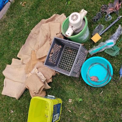 Ice cream maker, burlap bags, fish tank items, milk crate