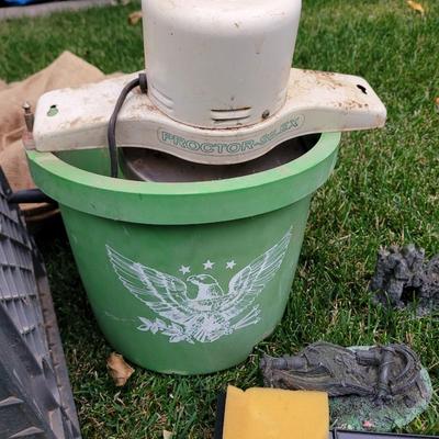 Ice cream maker, burlap bags, fish tank items, milk crate