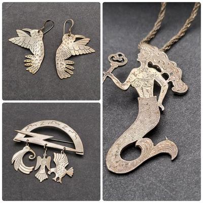 Articulated Mermaid & Birds Sterling Silver Jewelry 29.8gr