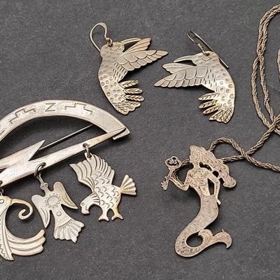 Articulated Mermaid & Birds Sterling Silver Jewelry 29.8gr