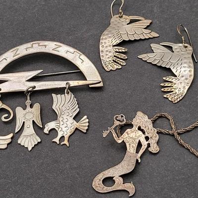 Articulated Mermaid & Birds Sterling Silver Jewelry 29.8gr