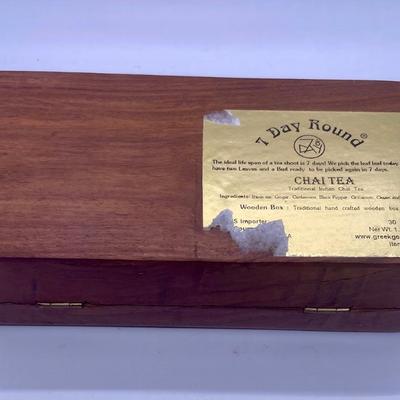 Ornate Wood Tea Box with Metal Elephant and Flower Inlay