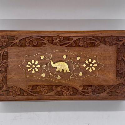 Ornate Wood Tea Box with Metal Elephant and Flower Inlay