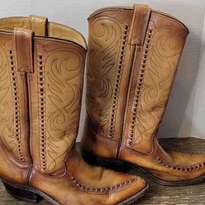 Double-H Cowboy Western Boots Vintage US Made Patina Saddle Stitch Men's 7.5 D