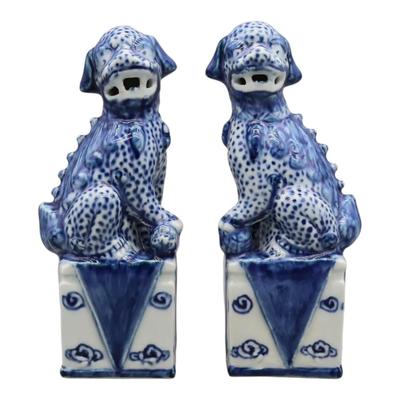Pair Of Blue And White Hand-painted Foo Dogs Bookshelf Decor Chinoiserie