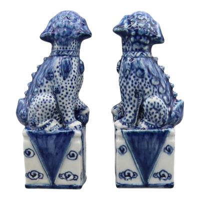 Pair Of Blue And White Hand-painted Foo Dogs Bookshelf Decor Chinoiserie