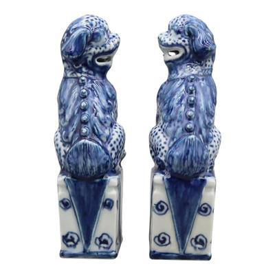 Pair Of Blue And White Hand-painted Foo Dogs Bookshelf Decor Chinoiserie