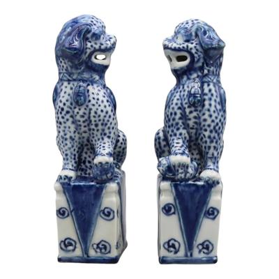 Pair Of Blue And White Hand-painted Foo Dogs Bookshelf Decor Chinoiserie