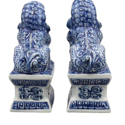 Pair Of Guardian Lions Blue And White Hand-painted Bookshelf Decor Chinoiserie
