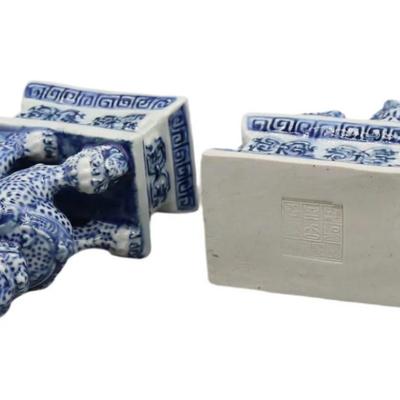 Pair Of Guardian Lions Blue And White Hand-painted Bookshelf Decor Chinoiserie
