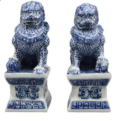 Pair Of Guardian Lions Blue And White Hand-painted Bookshelf Decor Chinoiserie