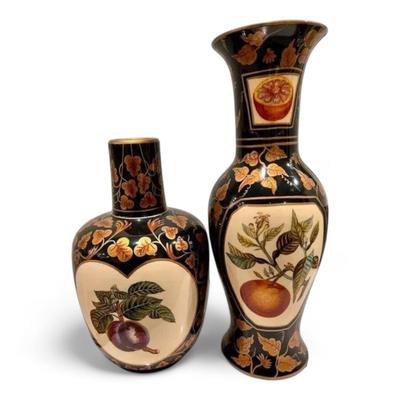 Pair Of Handpainted Porcelain Vases With Fruit And Floral Motif - In The Style Of Maitland Smith