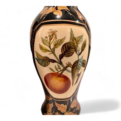 Pair Of Handpainted Porcelain Vases With Fruit And Floral Motif - In The Style Of Maitland Smith
