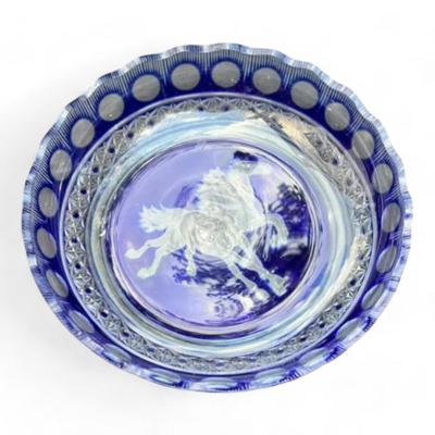 Bohemian Cobalt Blue Cut To Clear Round Display Plate With Horse Etching