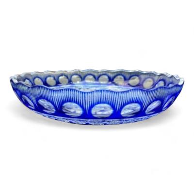 Bohemian Cobalt Blue Cut To Clear Round Display Plate With Horse Etching