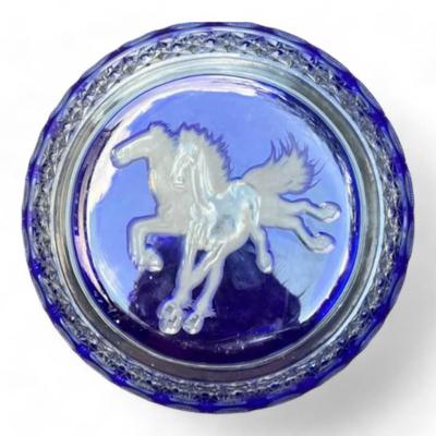 Bohemian Cobalt Blue Cut To Clear Round Display Plate With Horse Etching