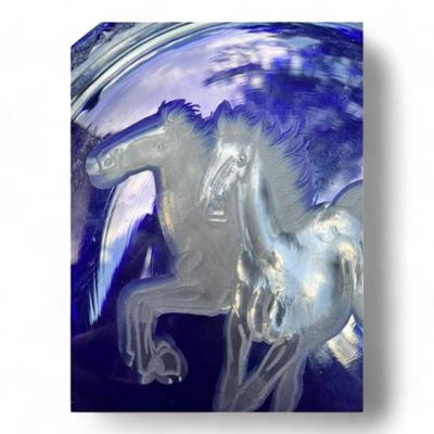 Bohemian Cobalt Blue Cut To Clear Round Display Plate With Horse Etching