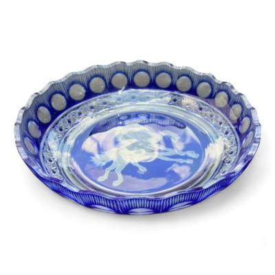 Bohemian Cobalt Blue Cut To Clear Round Display Plate With Horse Etching
