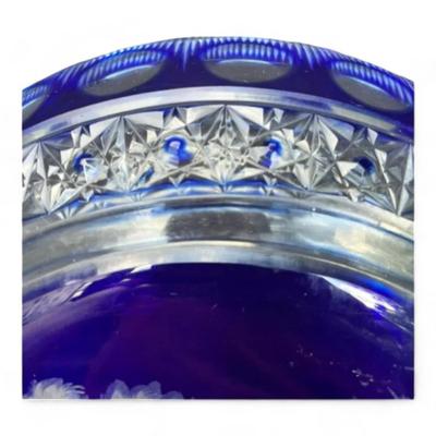 Bohemian Cobalt Blue Cut To Clear Round Display Plate With Horse Etching