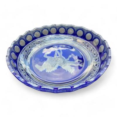 Bohemian Cobalt Blue Cut To Clear Round Display Plate With Horse Etching
